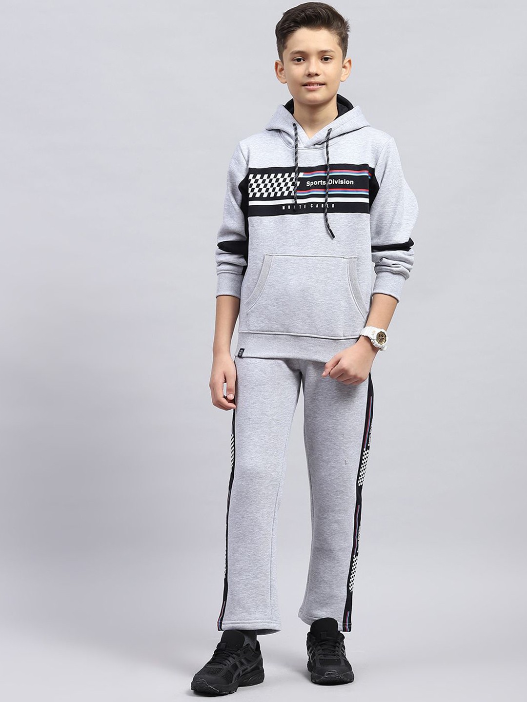 

Monte Carlo Boys Printed Hooded Neck Long Sleeves Sweatshirt With Trouser, Grey