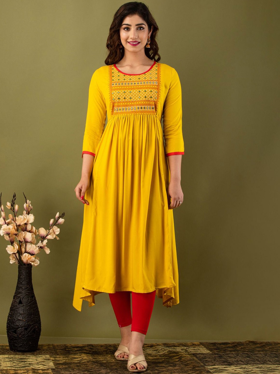 

ANNU PARIDHAN Ethnic Motifs Embroidered Mirror Work Regular Anarkali Kurta, Yellow