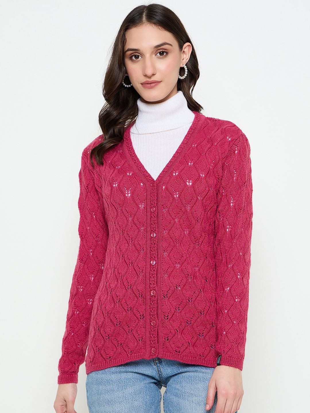 

CREATIVE LINE Women Self DesIgn Woollen Cardigan Sweaters, Pink