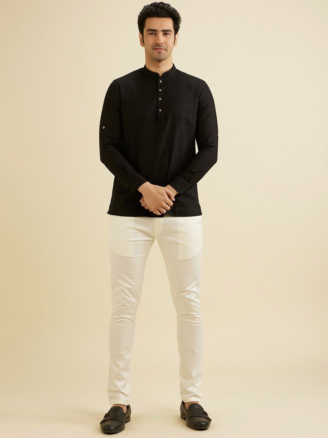 

Manyavar Mandarin Collar Roll-Up Sleeves Cotton Straight Short Kurta, Black