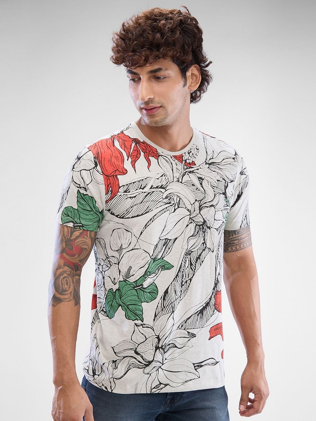 

SPYKAR Men Floral Printed Round Neck Cotton T-shirt, White