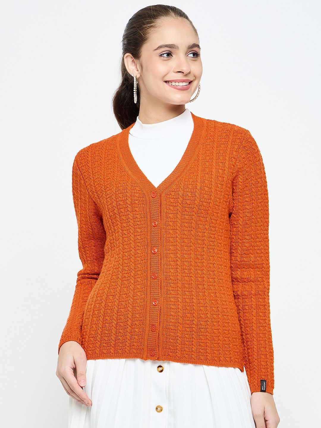 

CREATIVE LINE Women V-Neck Self Design Cable Knit Winter Wear Cardigan, Orange