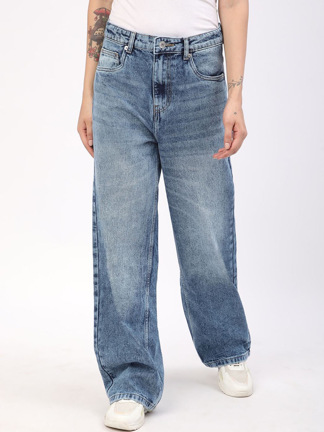

R&B Women Wide Leg High-Rise Low Distress Heavy Fade Jeans, Blue
