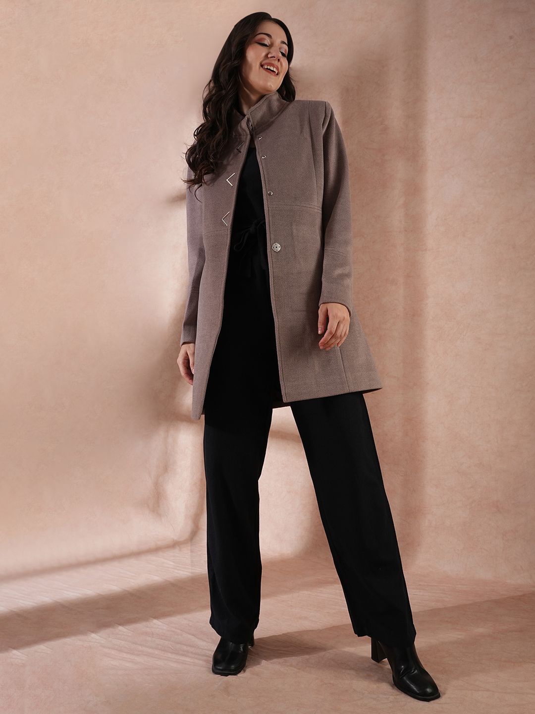

Globus Women Self Design Stand Collar Tailored Fit Winter Overcoat, Grey