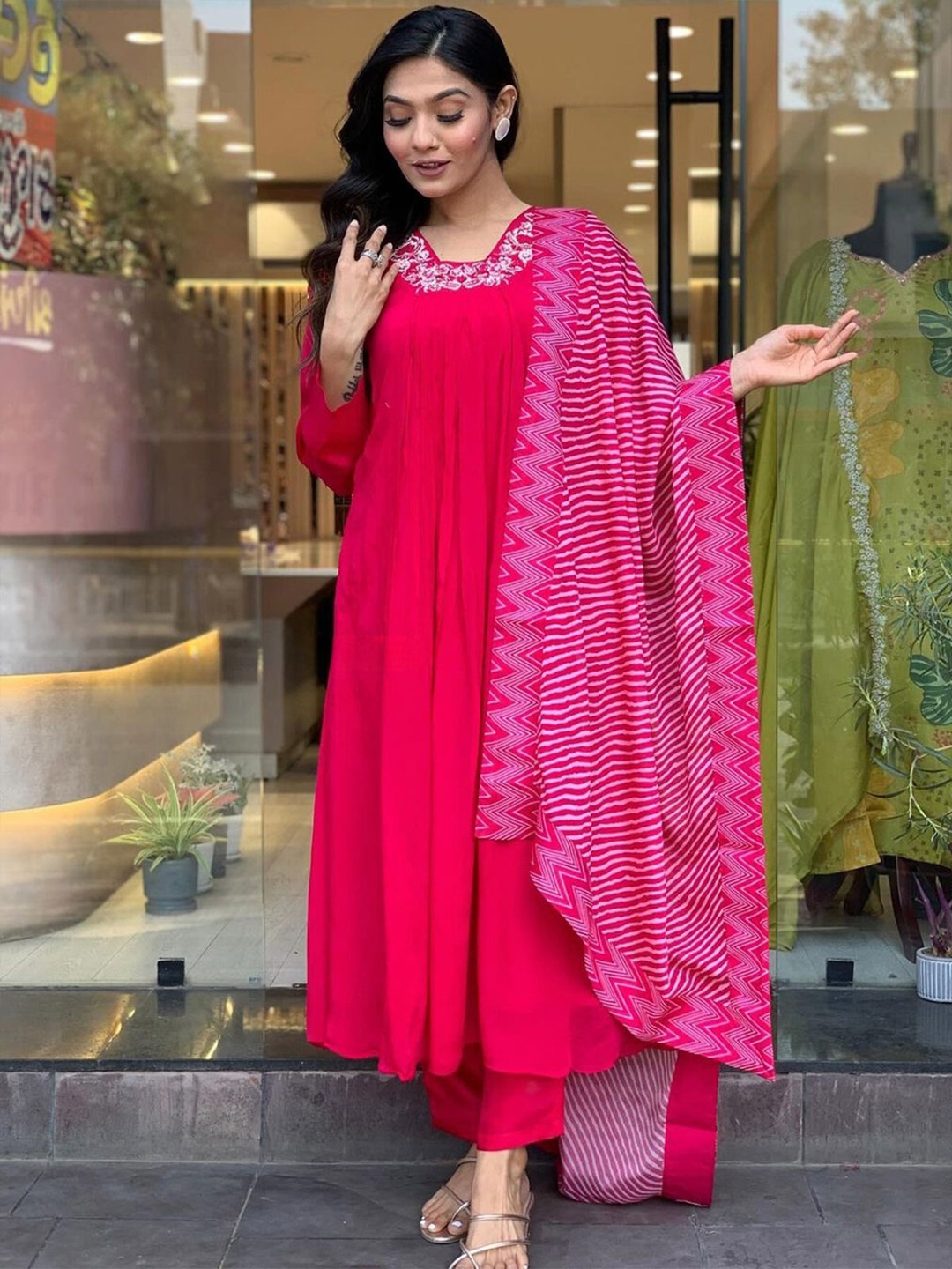 

ODETTE Floral Embroidered A-Line Kurta With Salwar & Dupatta, Magenta