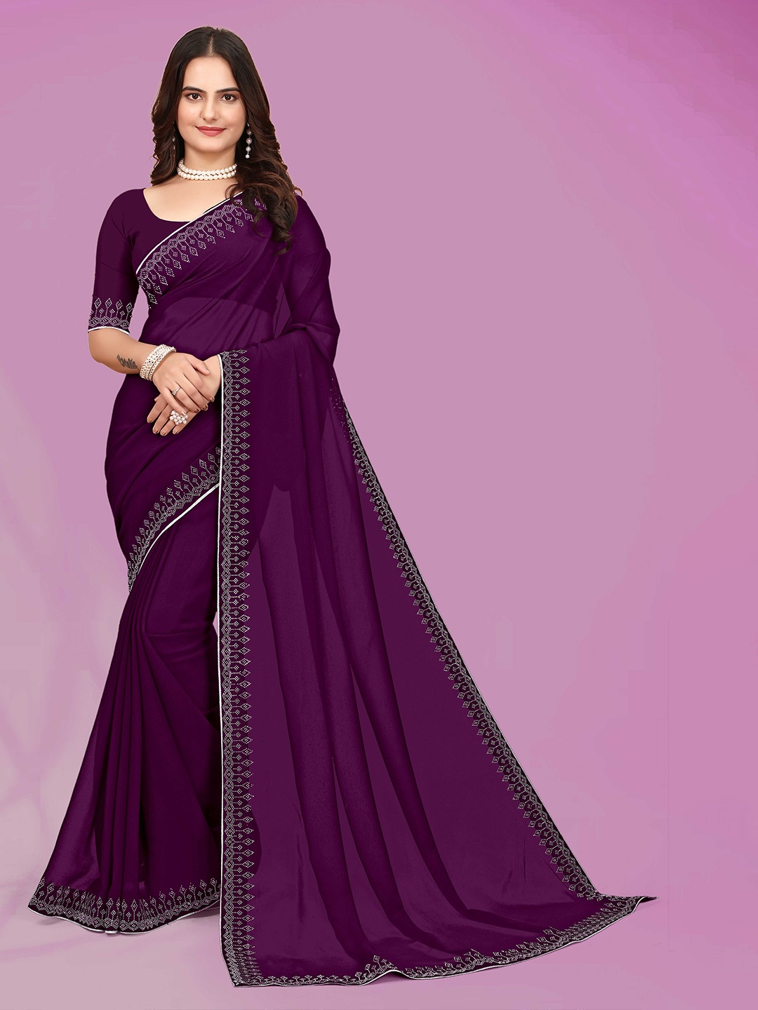 

WEAVETECH IMPEX Embellished Beads and Stones Pure Georgette Saree, Purple
