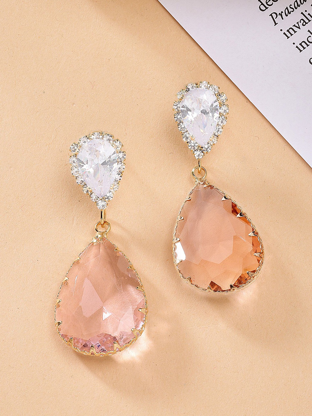 

Bohey by KARATCART Gold-Plated Cubic Zirconia Studded Contemporary Drop Earrings, Peach