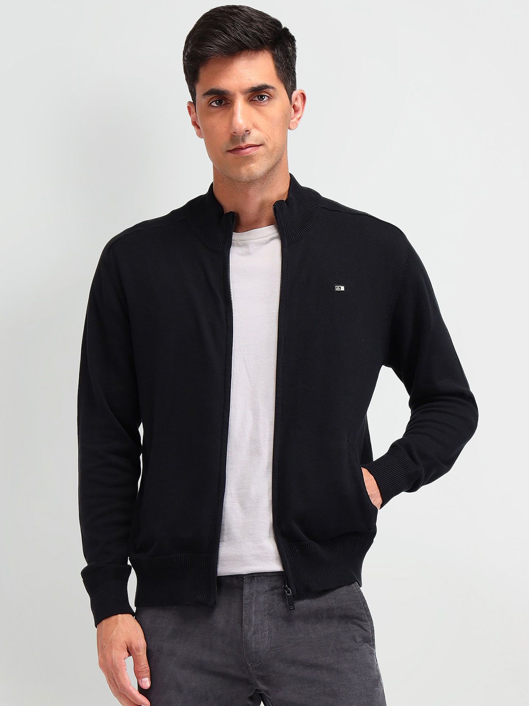 

Arrow Sport Men Cotton Long Sleeves Front-Open Regular Fit Sweater, Black