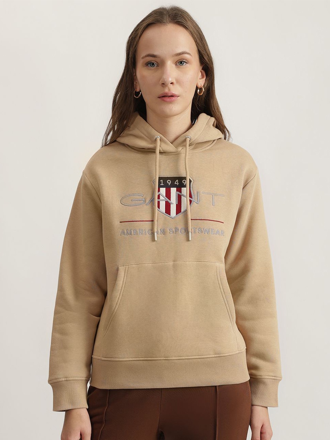 

GANT Women Cotton Embroidered Hooded Sweatshirt, Beige