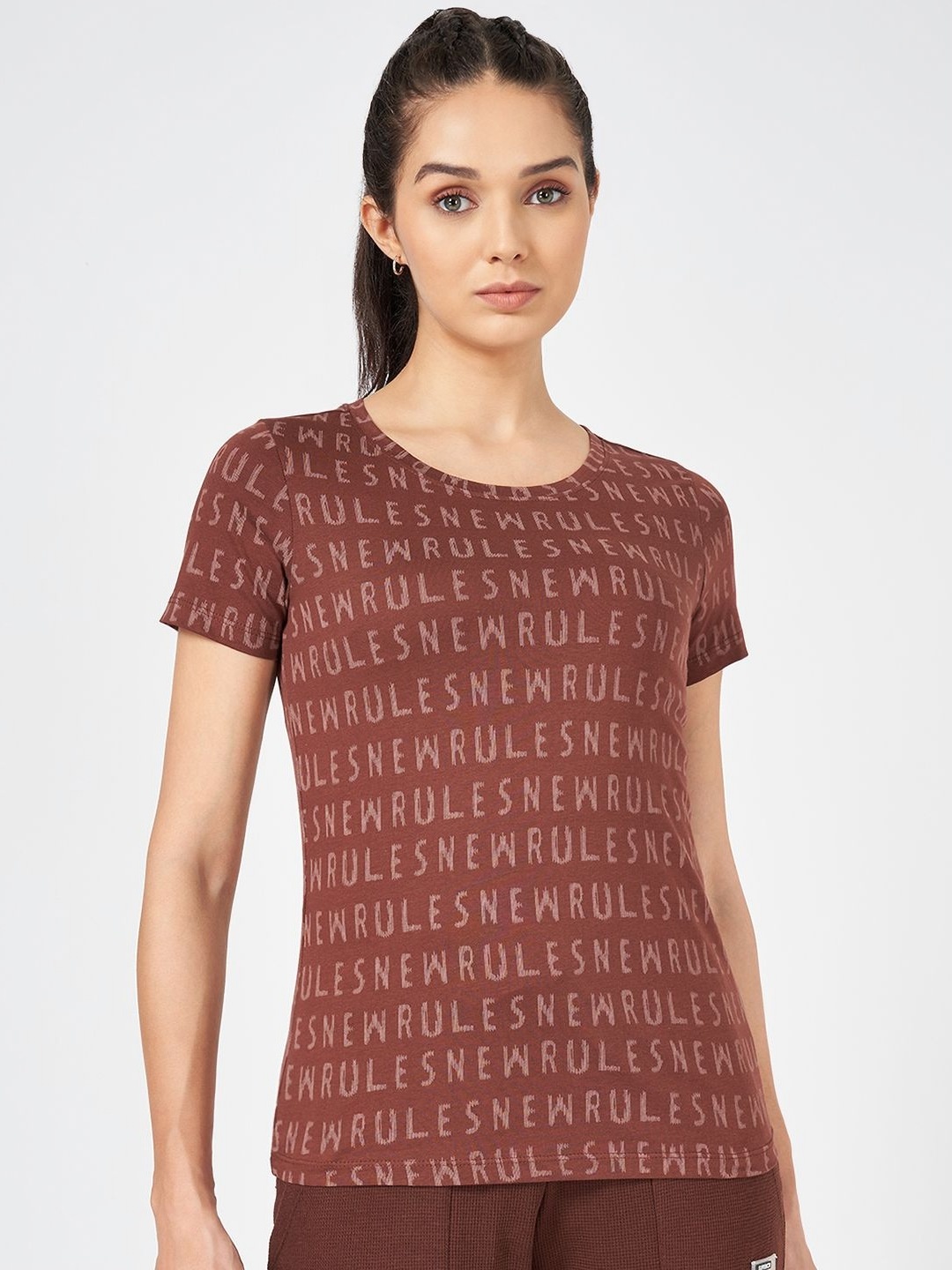 

Ajile by Pantaloons Women Typography Printed Round Neck Cotton T-shirt, Brown