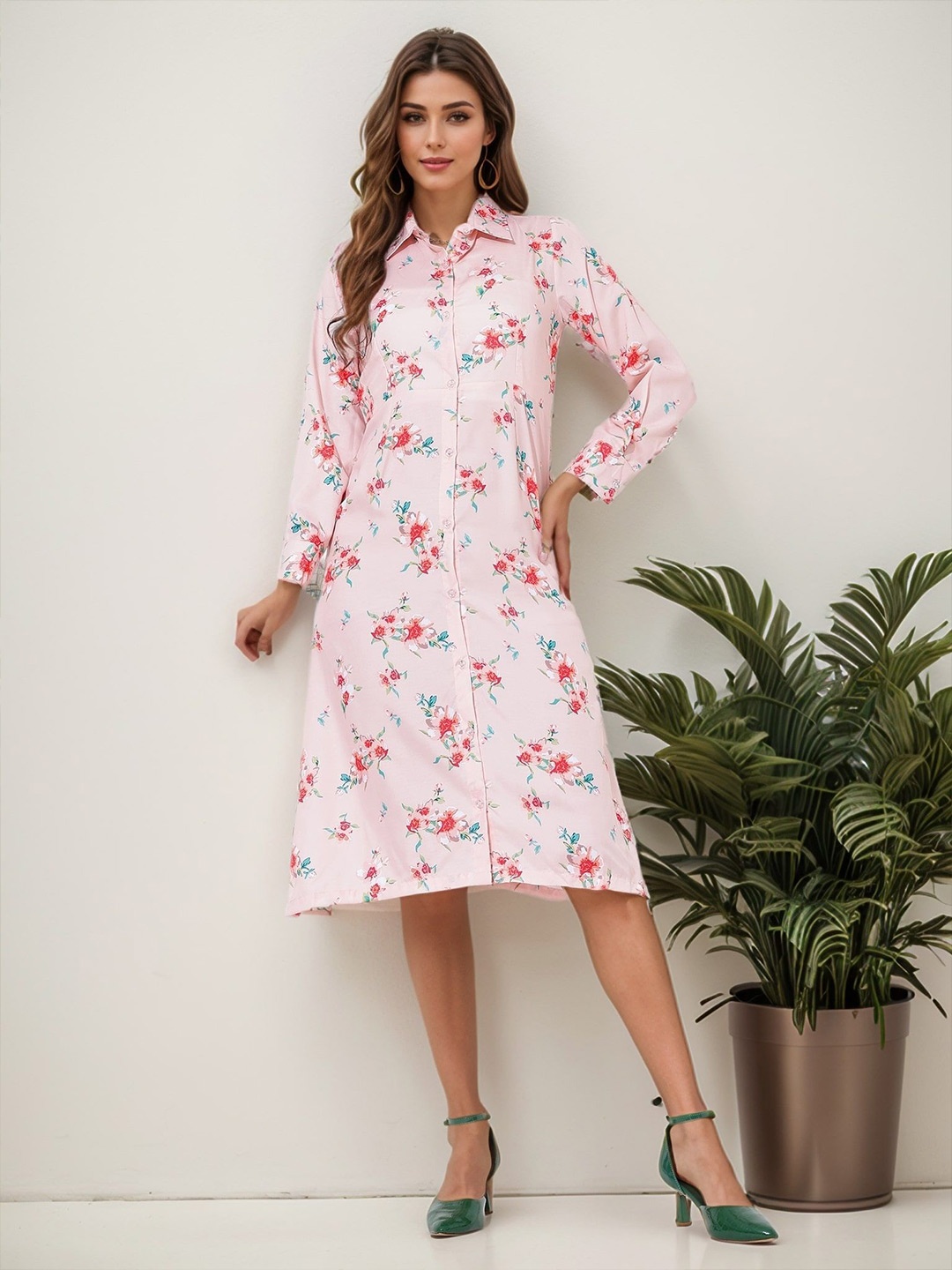 

DressBerry Women Floral Print Puff Sleeve Midi Dress, Peach