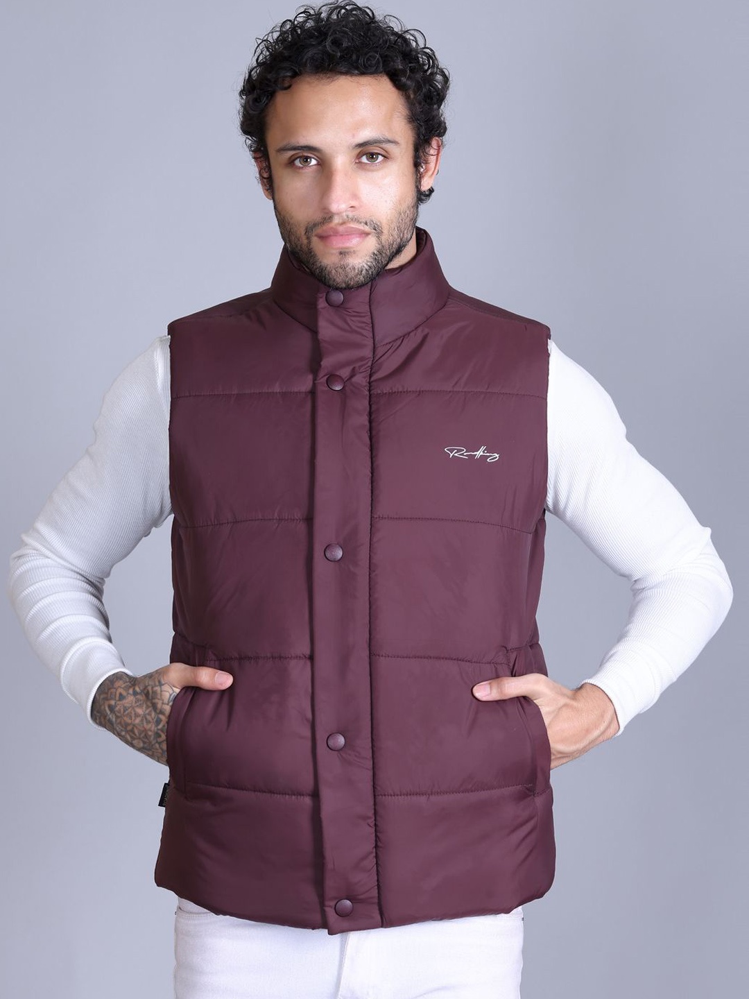 

Roadking Men Mock Collar Solid Casual Padded Jacket, Burgundy