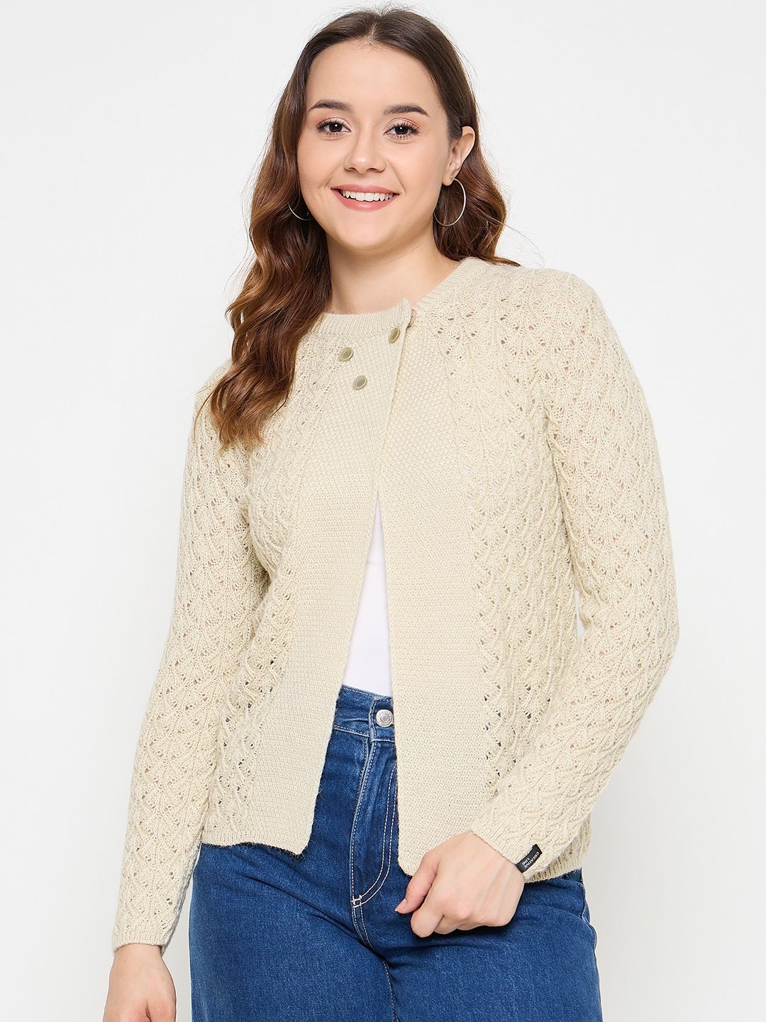 

CREATIVE LINE Women Geometric Self Design Woollen Winter Cardigan, Beige