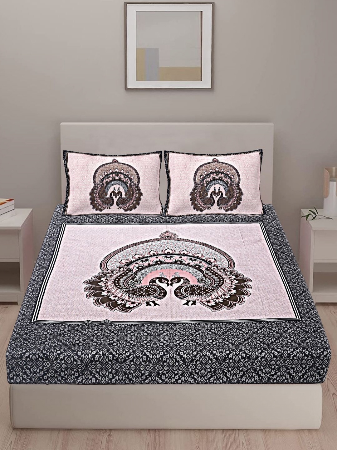 

VANI E Grey & Pink Floral 180 TC Cotton King Bedsheet Set-2.54 m x 2.74 m