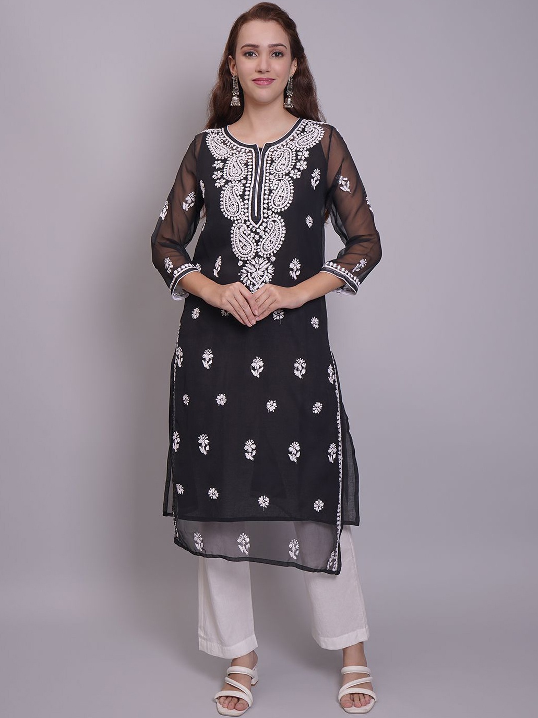 

Seva Chikan Ethnic Motifs Embroidered Chikankari Straight Kurta, Black