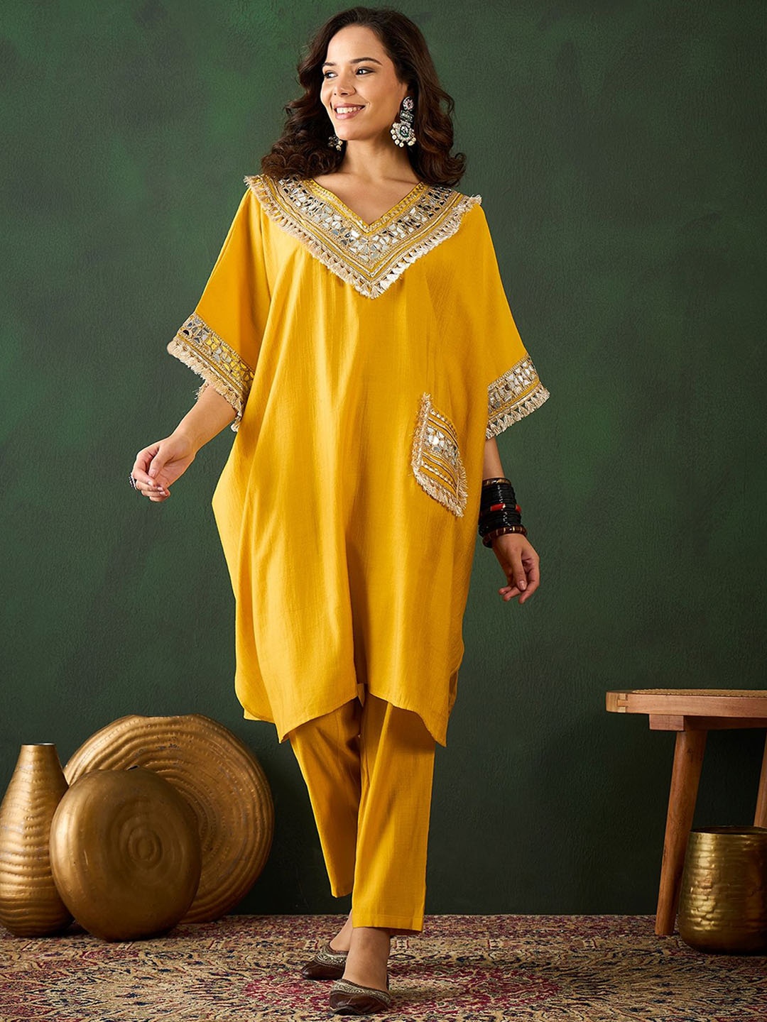 

Sangria Paisley Embroidered V-Neck Mirror Work Kaftan With Trousers, Yellow