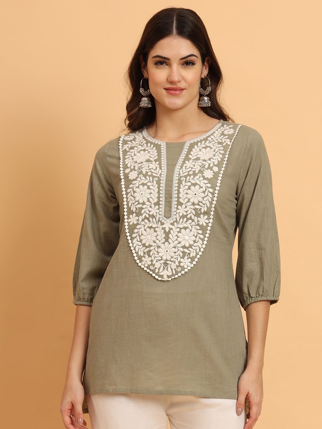 

KALINI Embroidered Round Neck Cotton Top, Olive