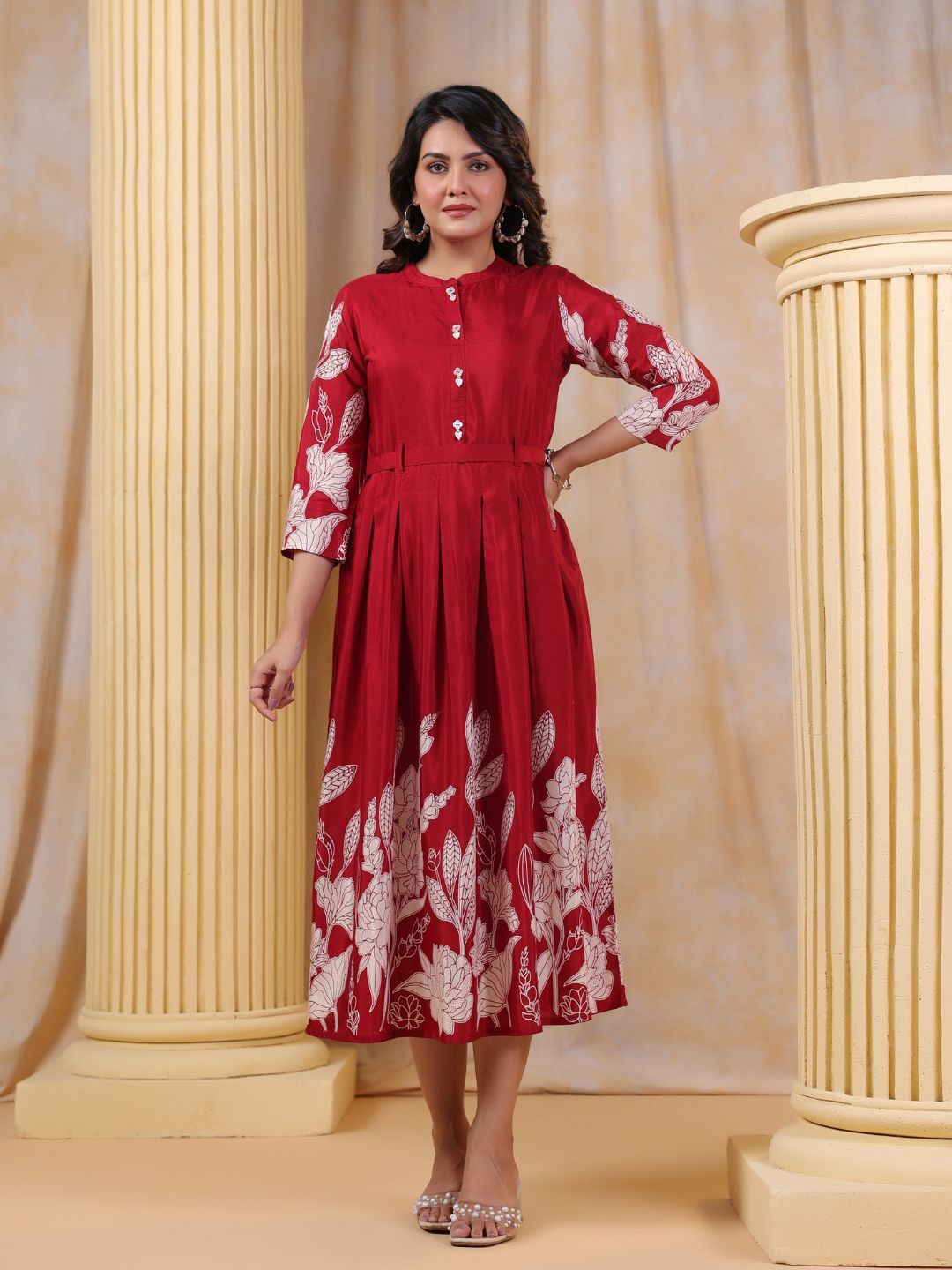 

Kaftanize Women Floral Print A-Line Dress, Maroon