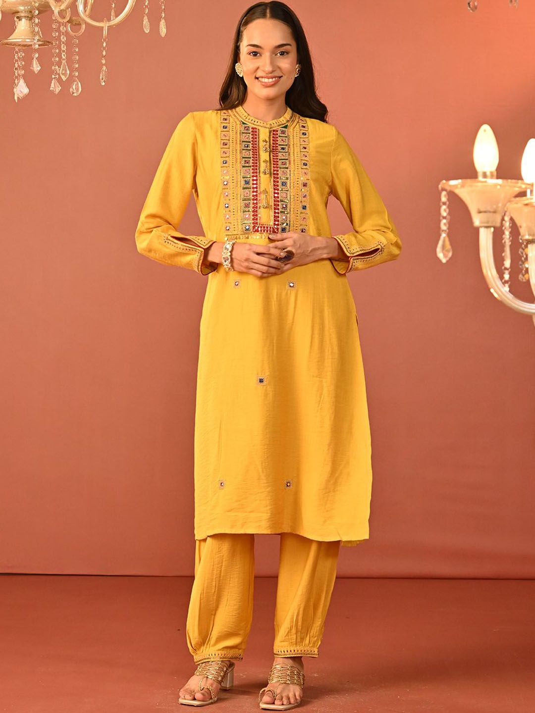 

Lakshita Mandarin Collar Embroidered Tunic With Trousers, Mustard