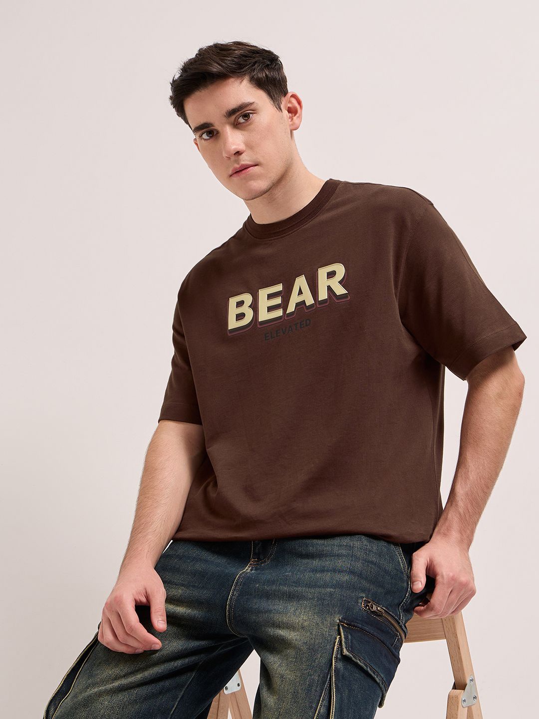 

THE BEAR HOUSE Typography Printed Drop Shoulder Sleeves Pure Cotton Oversized T-shirt, Brown