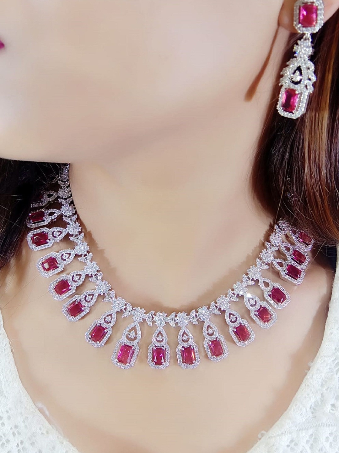

Ladymania Silver-Plated American Diamond Stone-Studded Jewellery Set