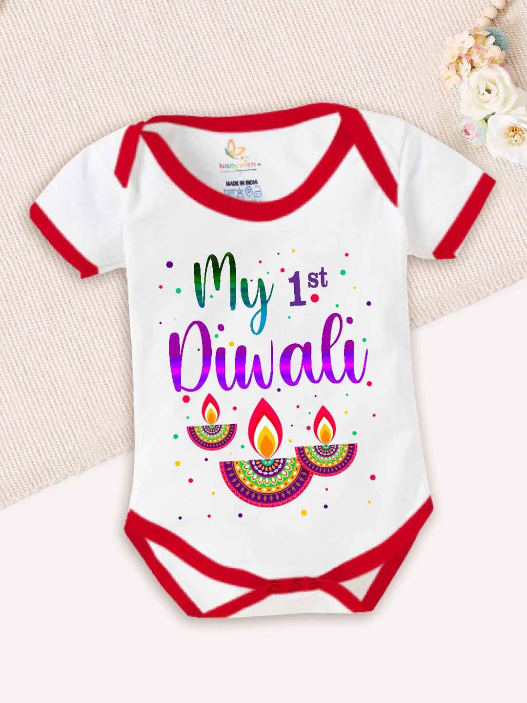 

Babywish Kids My First Diwali Printed Cotton Half Sleeve Bodysuit, White