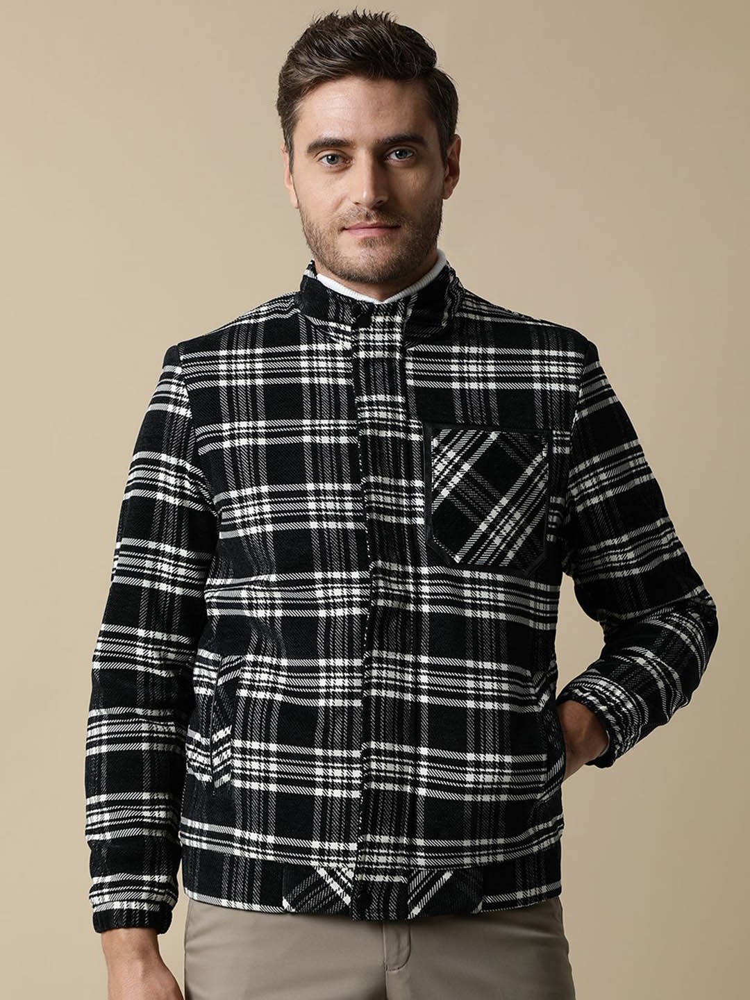 

Fort Collins Men Mock Collar Checked Woollen Casual Open Front Jacket, Black