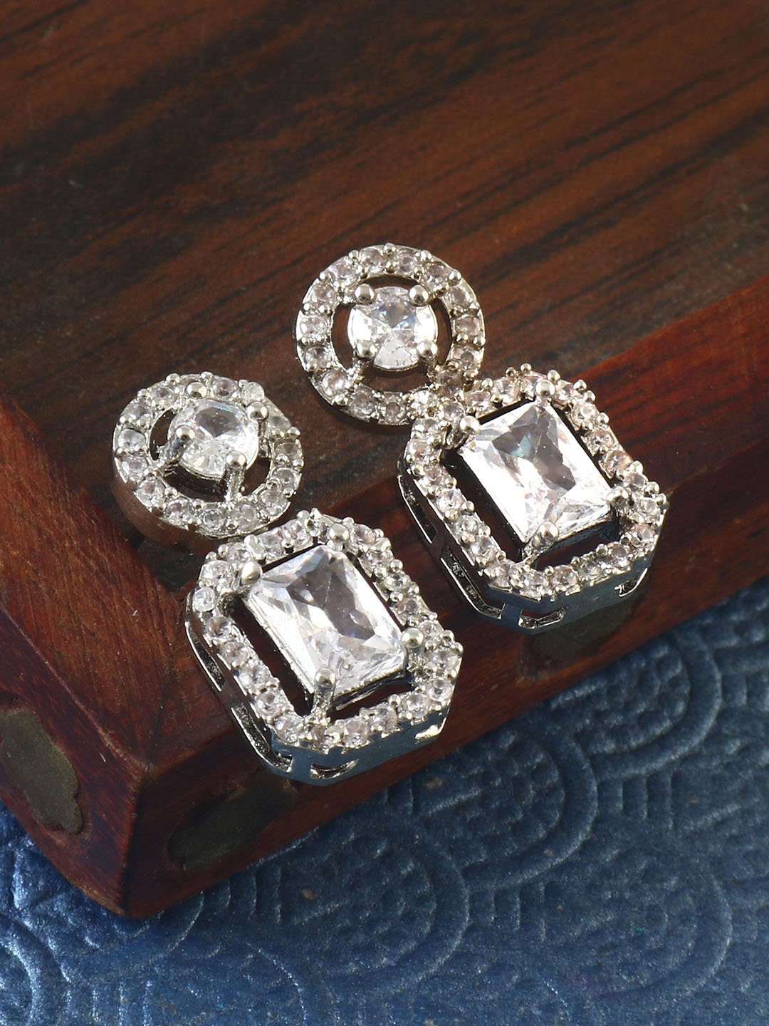

Jewar Mandi Silver-Plated Cubic Zirconia Studded Square Drop Earrings