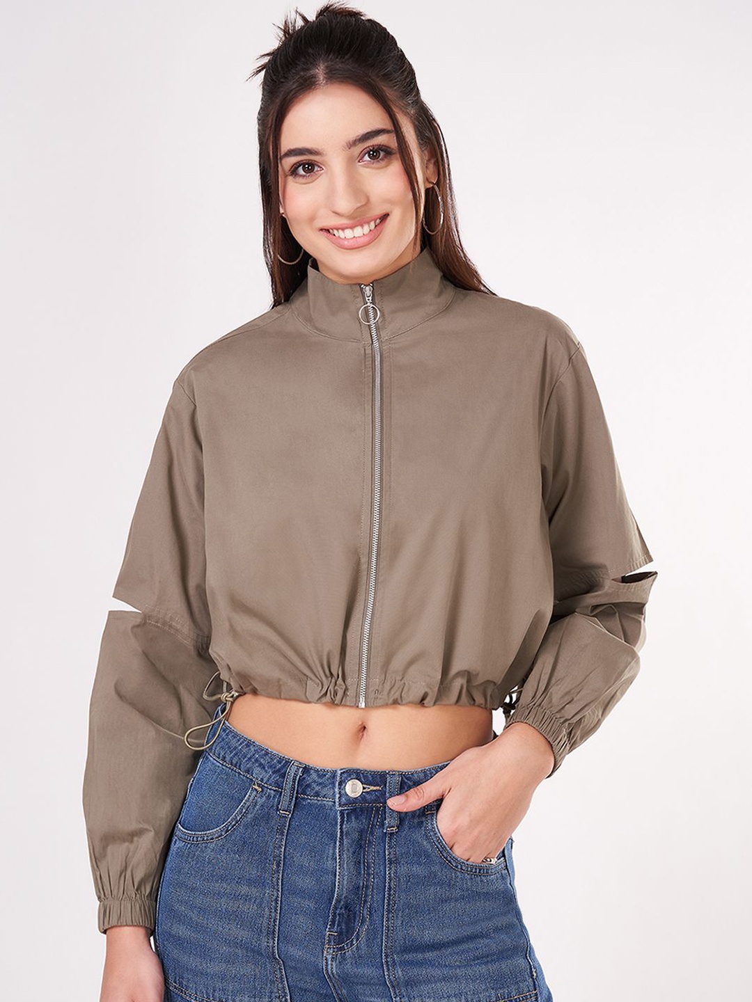 

People Women Mock Collar Solid Cotton Casual Bomber Jacket, Grey