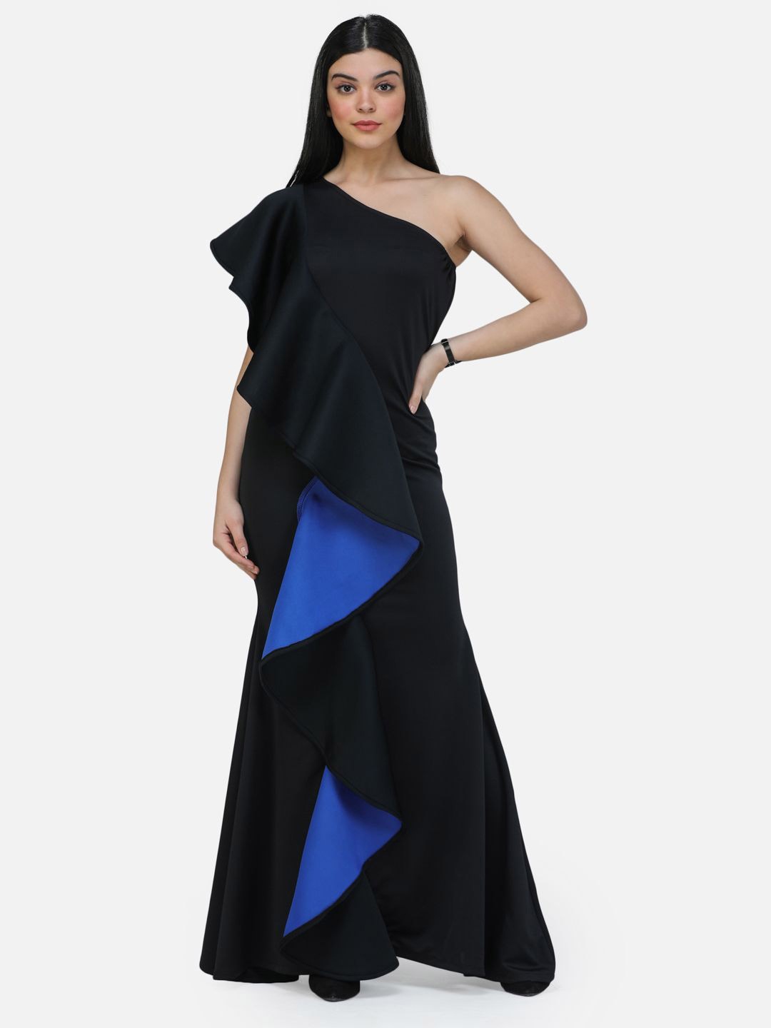 

SCORPIUS Solid Scuba One Shoulder Ruffles Maxi Dress, Black