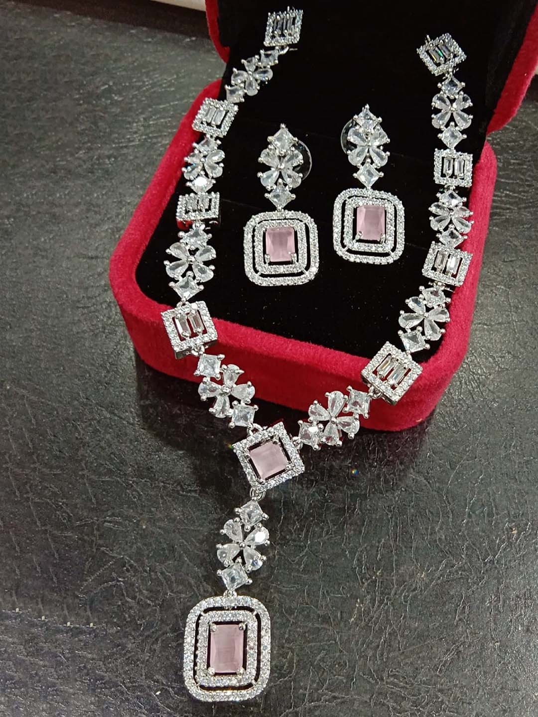 

Ladymania Silver-Plated American Diamond Stone Studded Jewellery Set, Pink