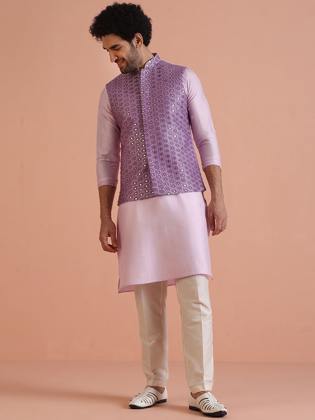 

KISAH Straight Kurta with Trousers & Embroidered Nehru Jacket, Purple