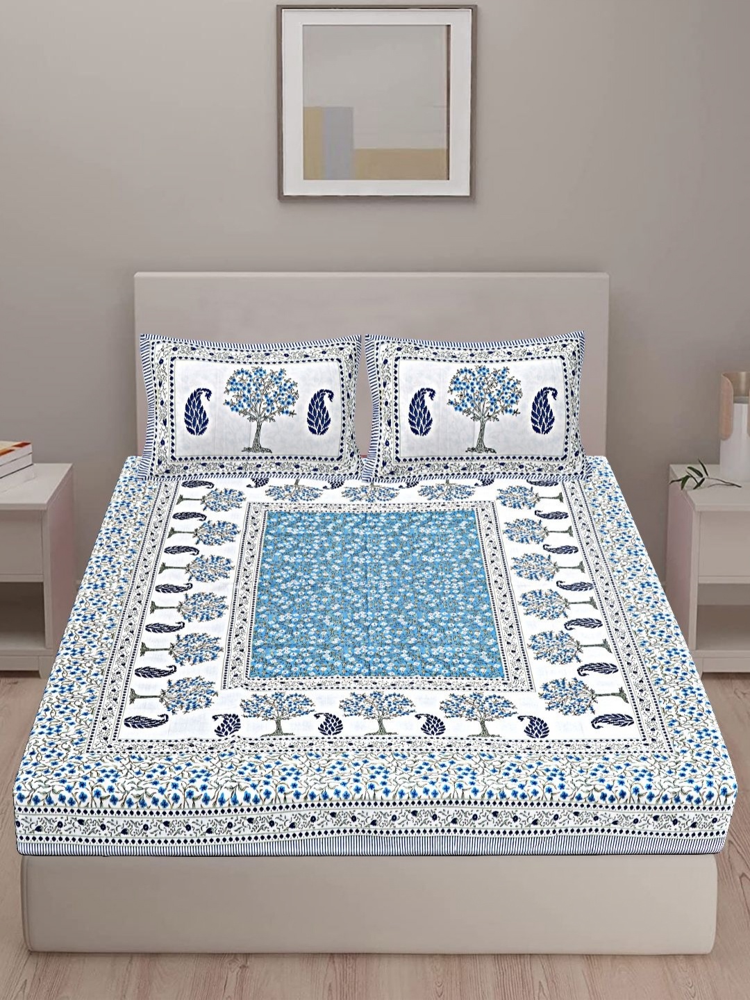 

VANI E Blue & White Floral 180 TC Cotton King Bedsheet Set-2.54 m x 2.74 m