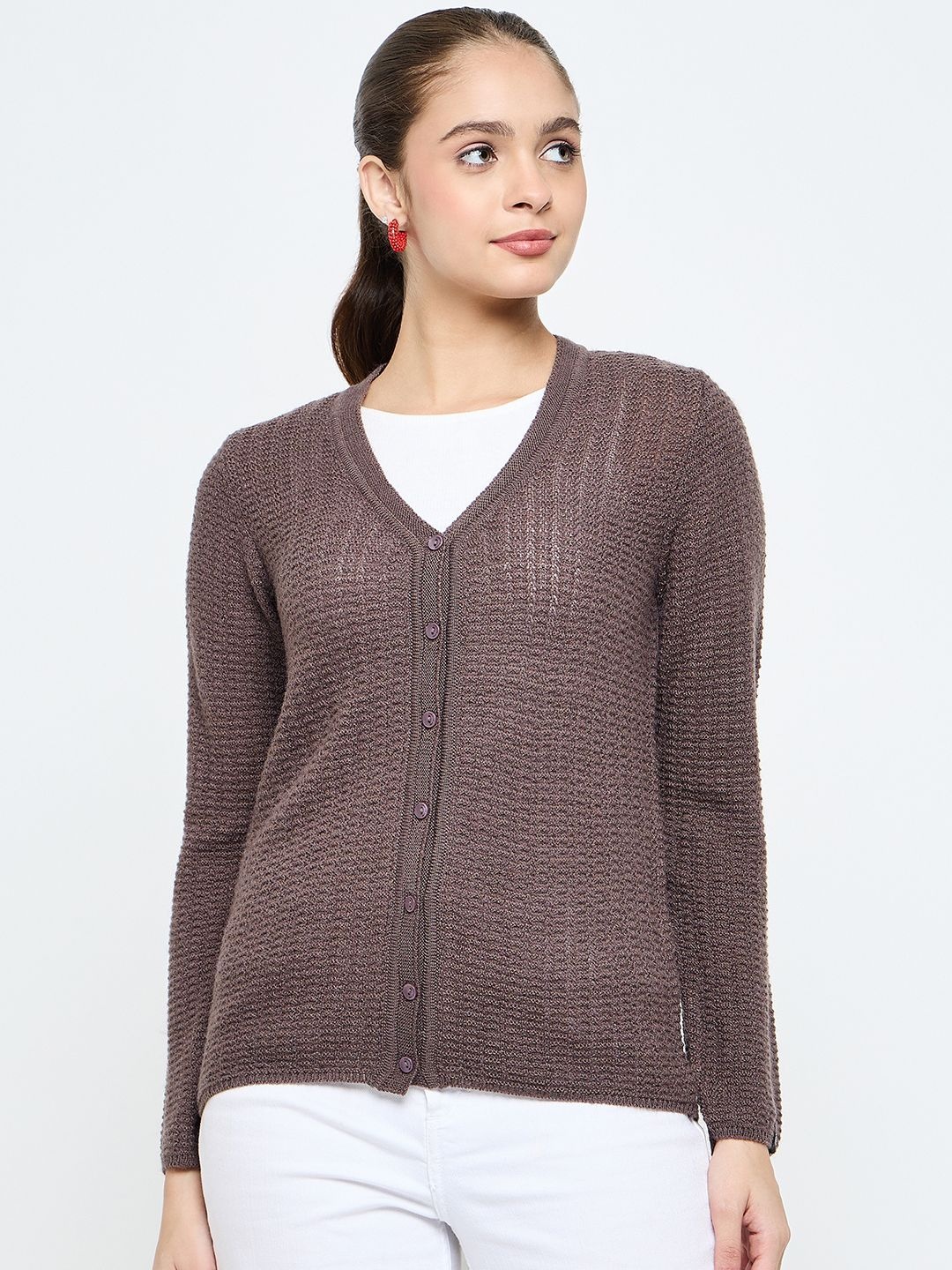 

CREATIVE LINE Women Self Desgin Woollen Cardigan, Brown