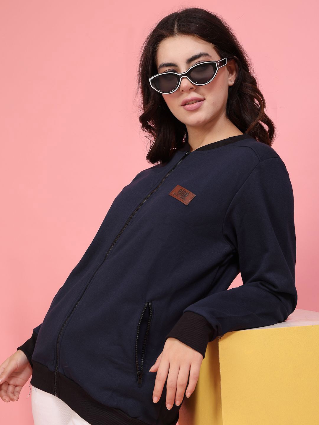 

Rigo Women Stand Collar Solid Fleece Casual Bomber Jacket, Navy blue