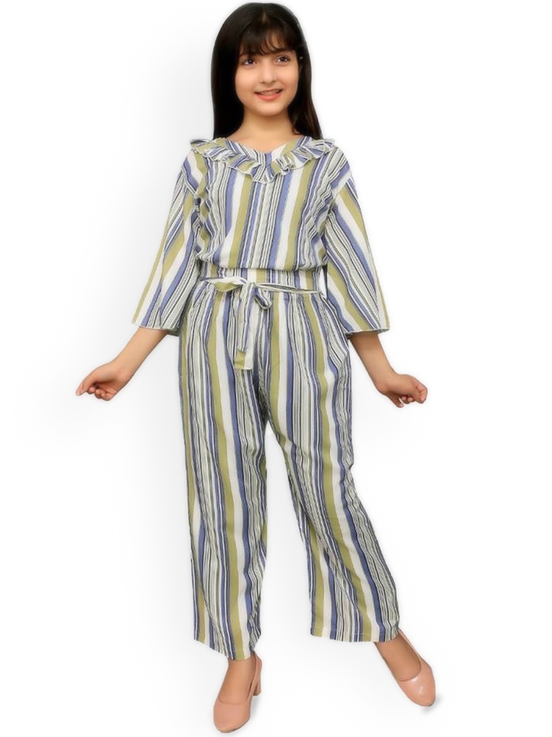 

FELLAMO Girls Striped V-Neck Top with Flared Palazzos, Green
