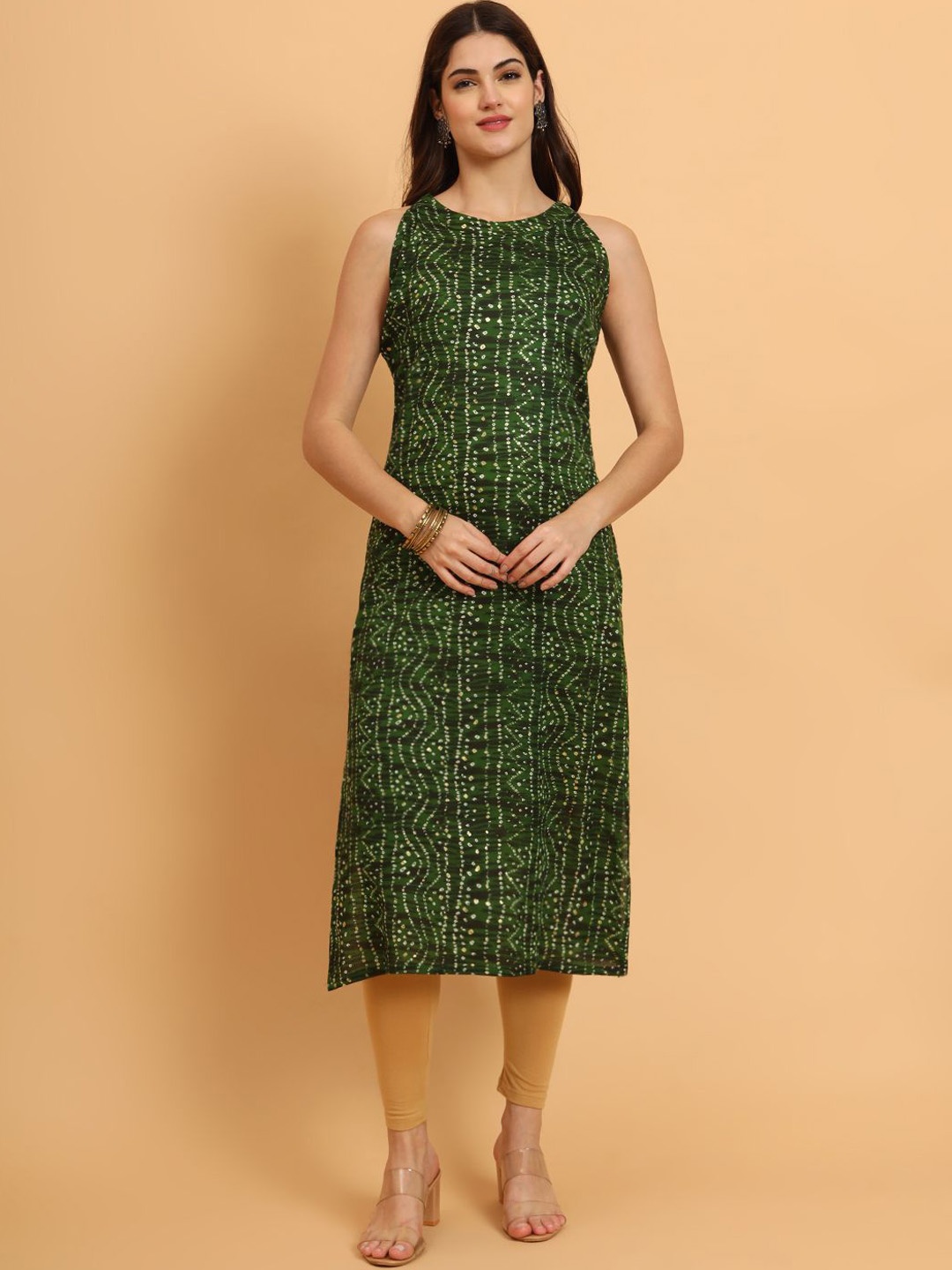 

KALINI Bandhani Printed Halter Neck Sequinned Straight Kurta, Green