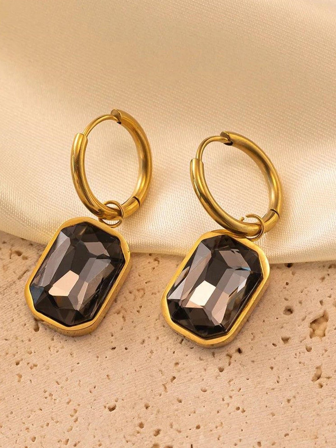 

EL REGALO Crystals Studded Stainless Steel Contemporary Drop Earrings, Gold