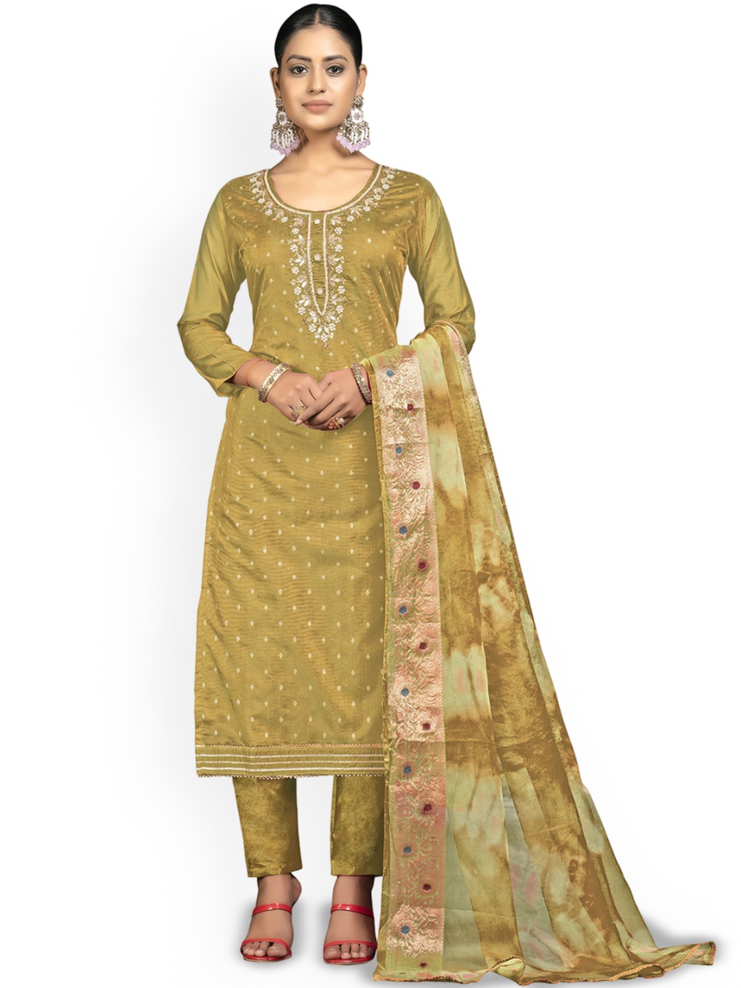 

Maroosh Floral Embellished Unstitched Dress Material, Mustard