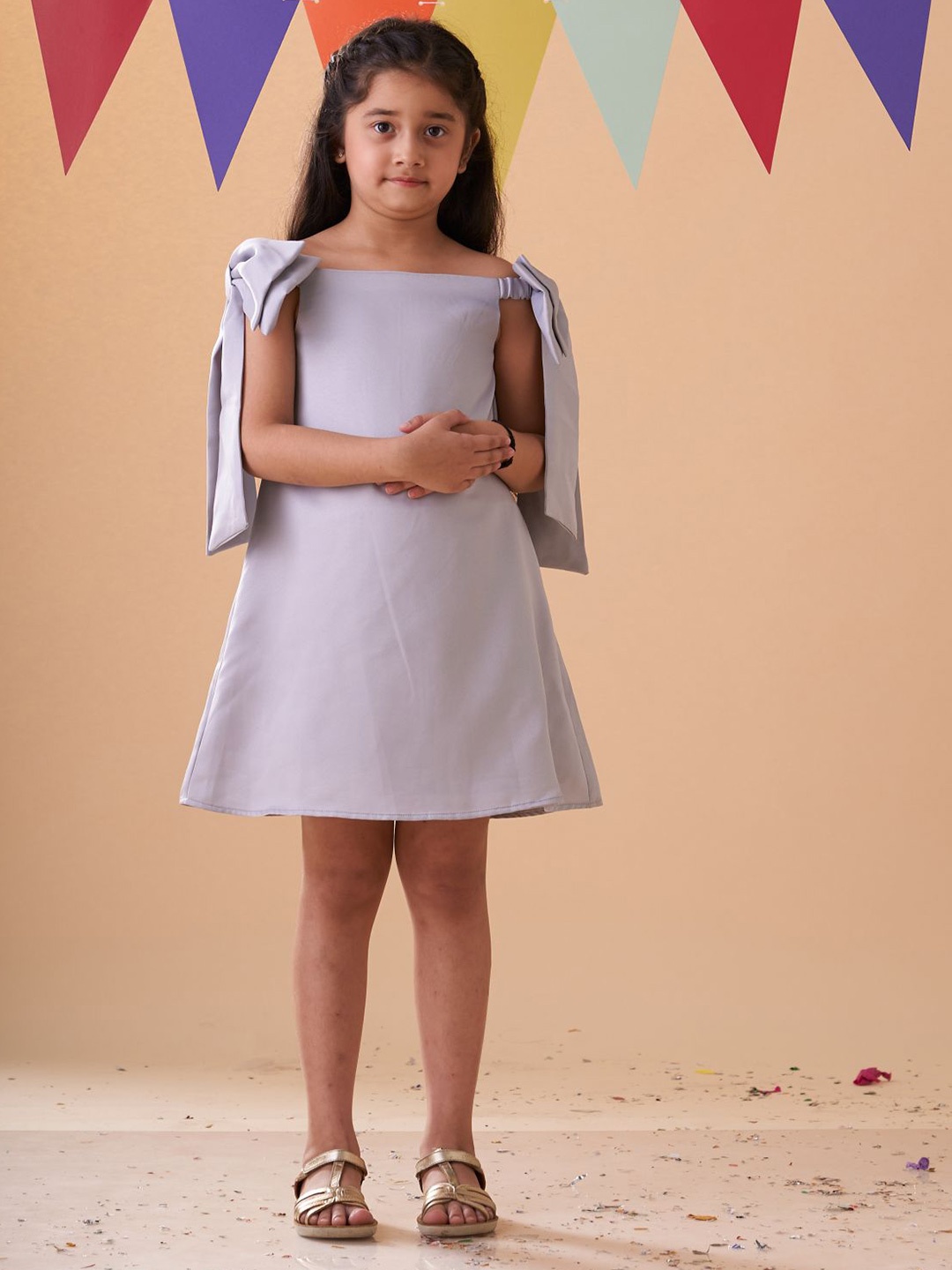 

KidsDew Girls Off-Shoulder Bow Detailed A-Line Dress, Peach