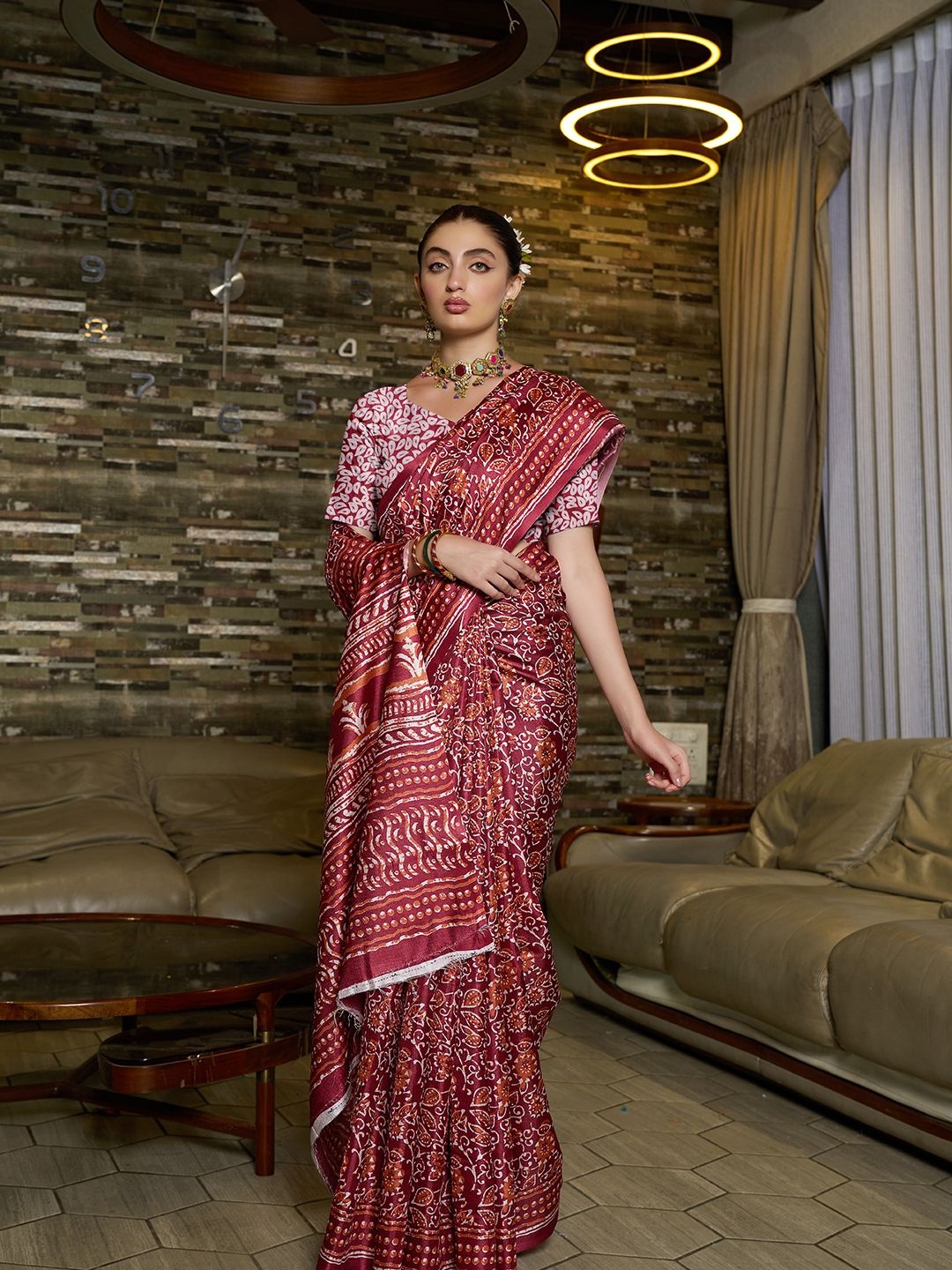 

KAYOMMI Ajrak Pure Silk Traditional Block Print Saree, Maroon