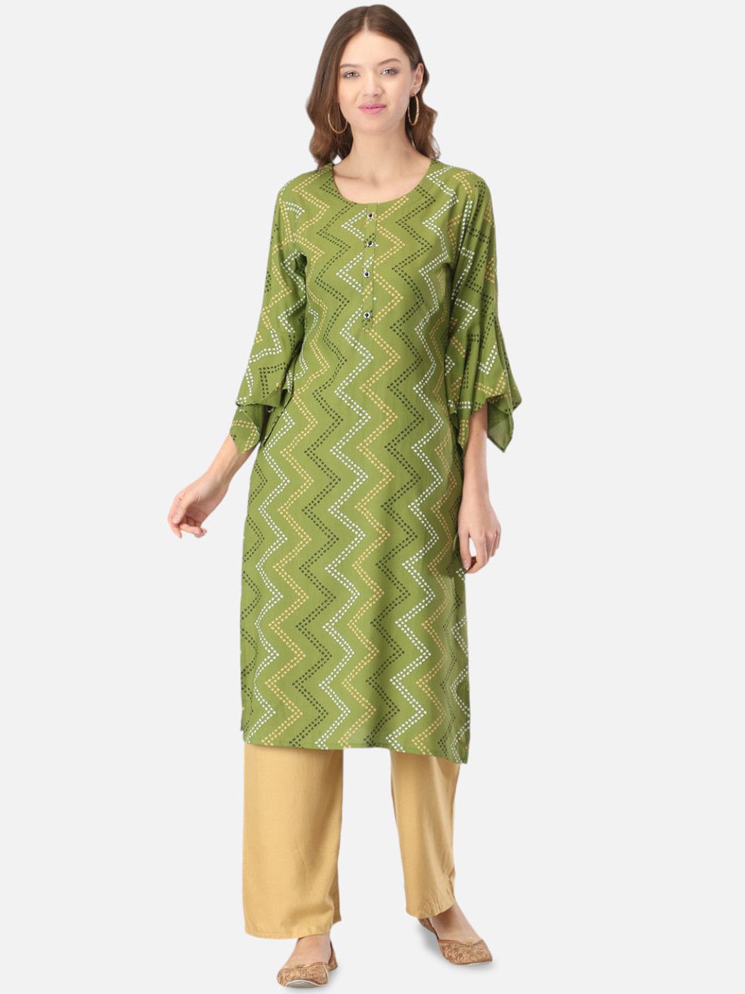 

Biyu Chevron Printed Cotton Straight Kurta, Green