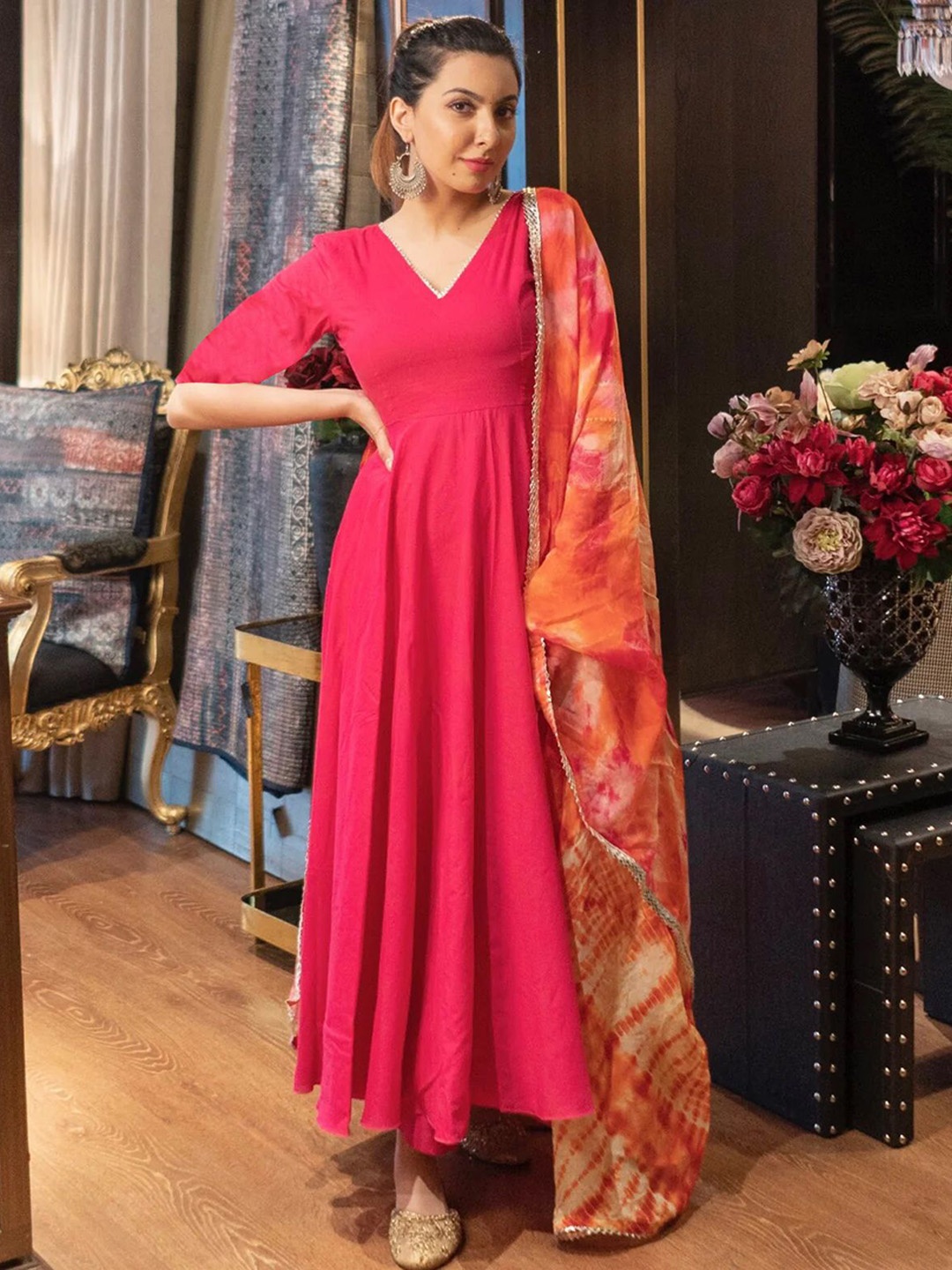 

Anni Designer V-Neck Gotta Patti Anarkali Kurta With Trousers & Dupatta, Pink