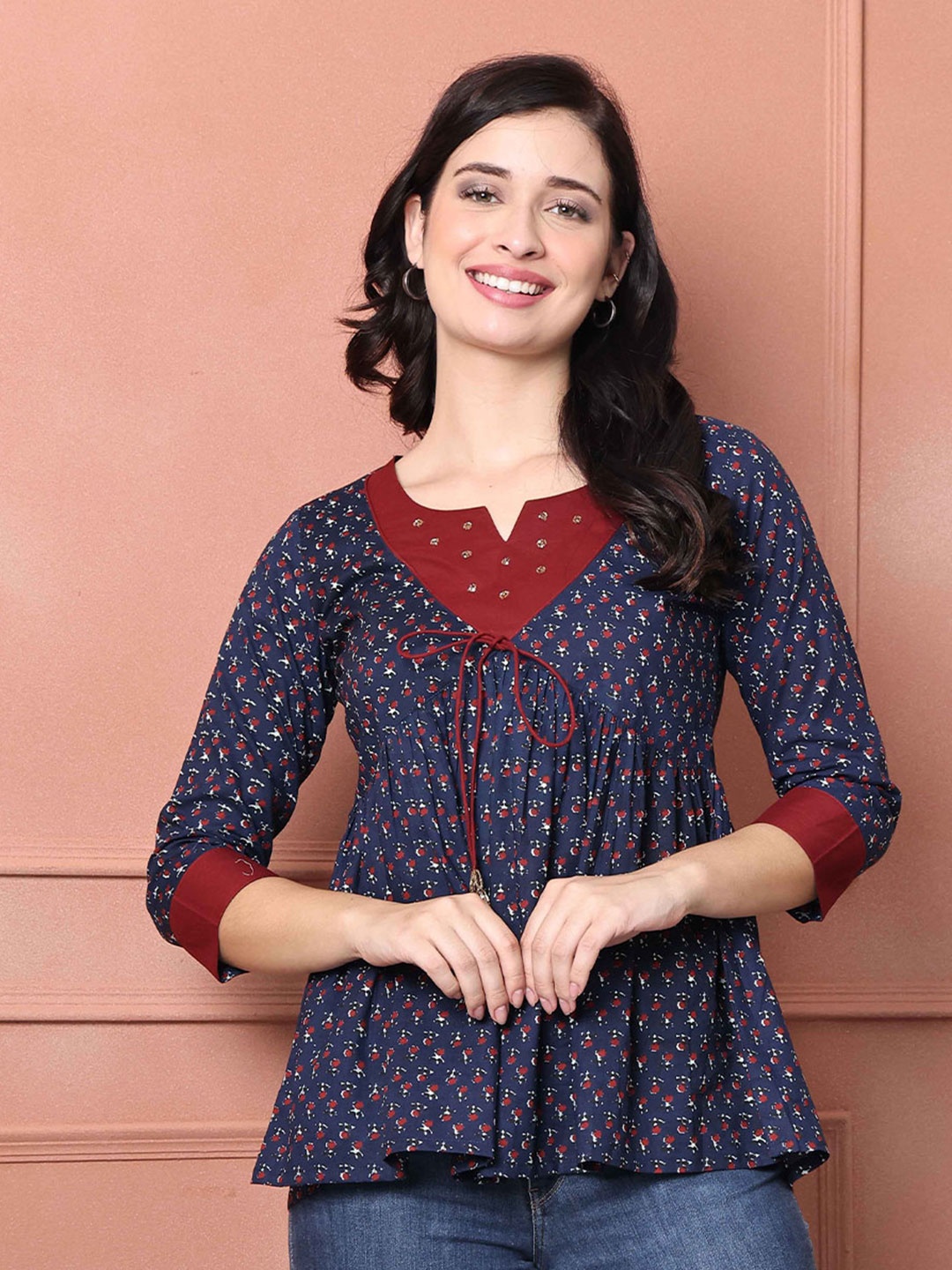 

Roly Poly Women Floral Printed Ethnic Pure Cotton Peplum Top, Navy blue