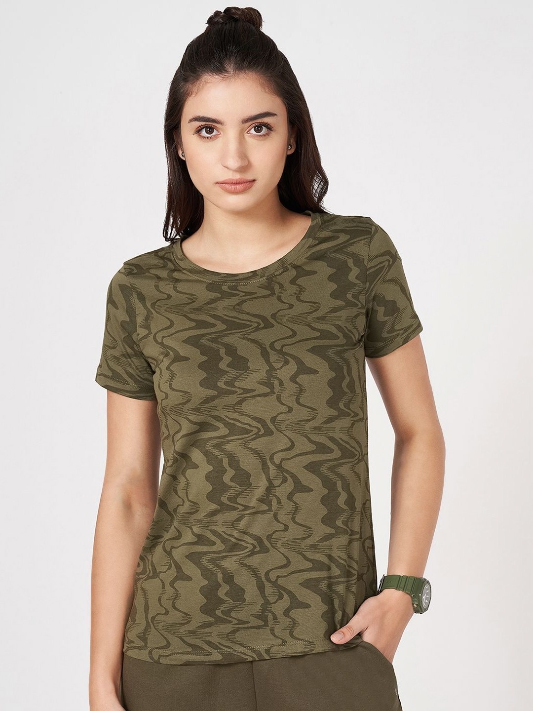 

Ajile by Pantaloons Women Abstract Printed Round Neck Cotton T-shirt, Olive