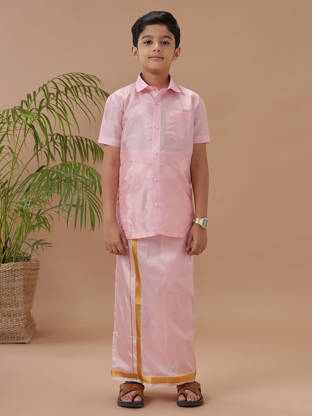

Ramraj Boys Short Sleeves Shirt With Zari Border Dhoti, Pink