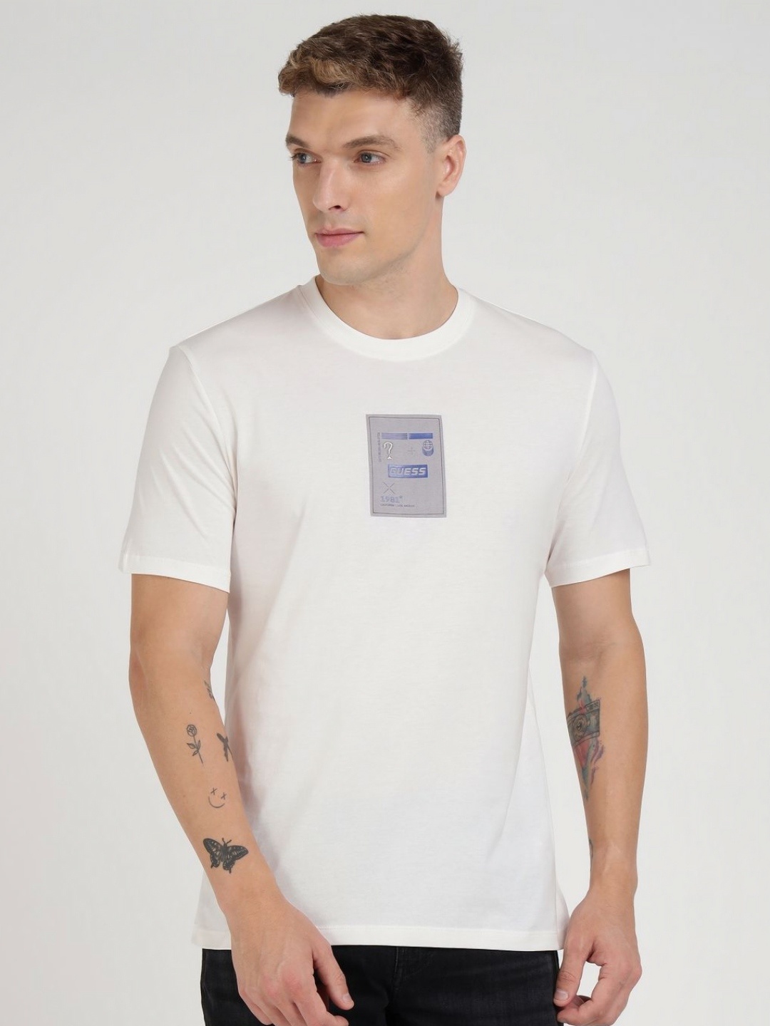

GUESS Men Typography Printed Round Neck Cotton T-shirt, White