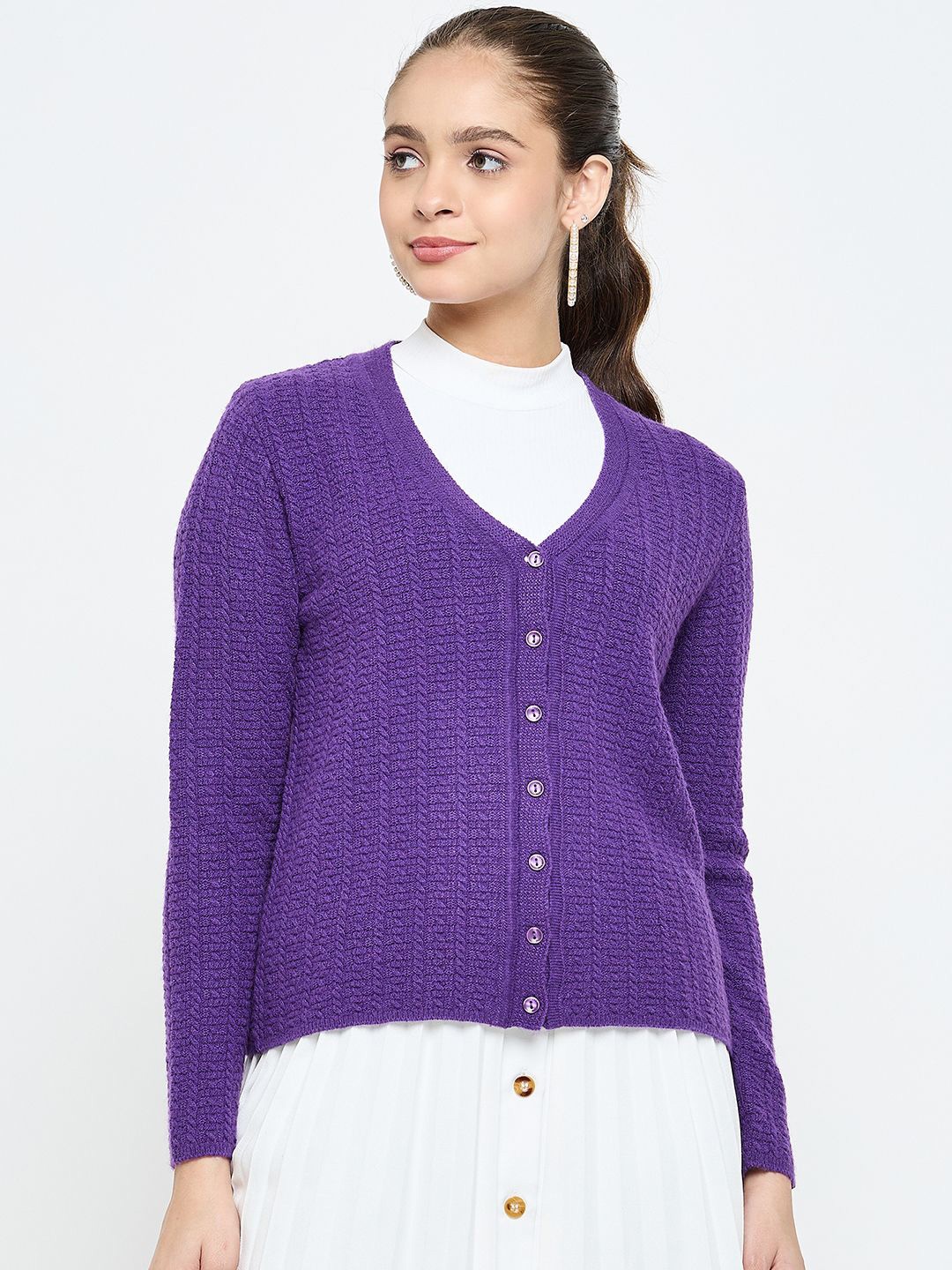 

CREATIVE LINE Women Self Design Woollen Cardigan, Purple