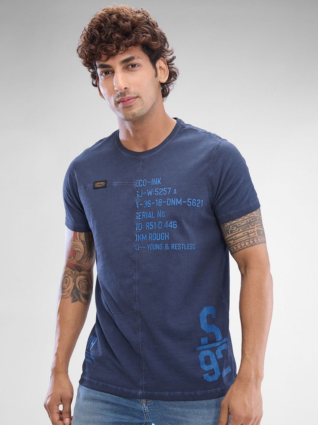 

SPYKAR Men Typography Printed Round Neck Cotton T-shirt, Blue
