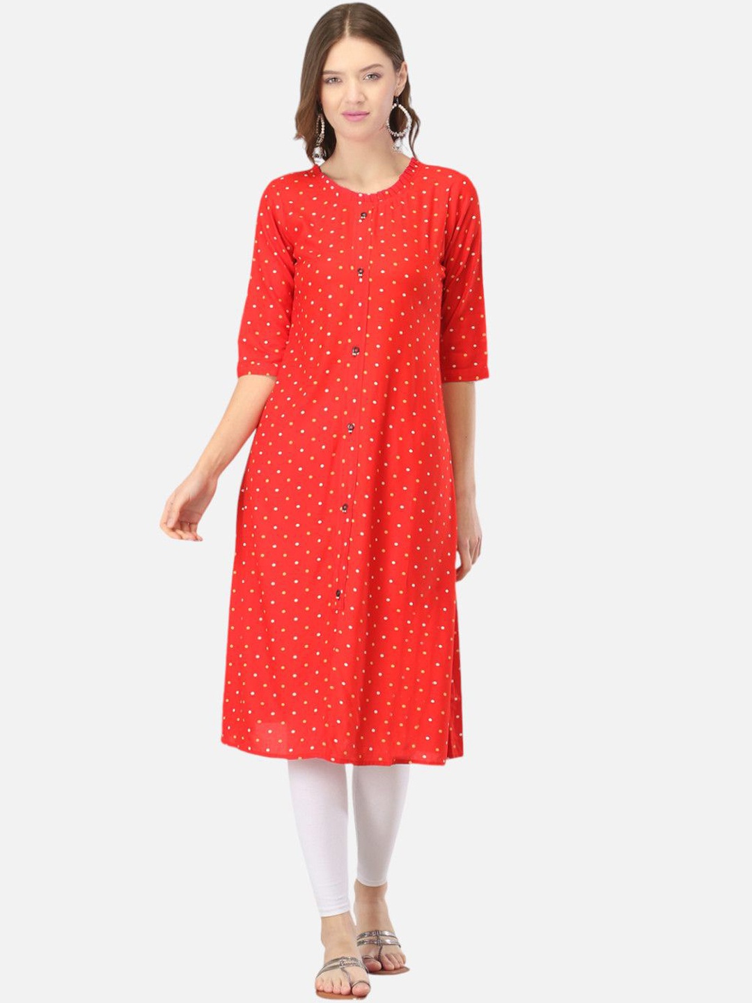 

Biyu Polka Dot Printed Round Neck Cotton A-Line Kurta, Red